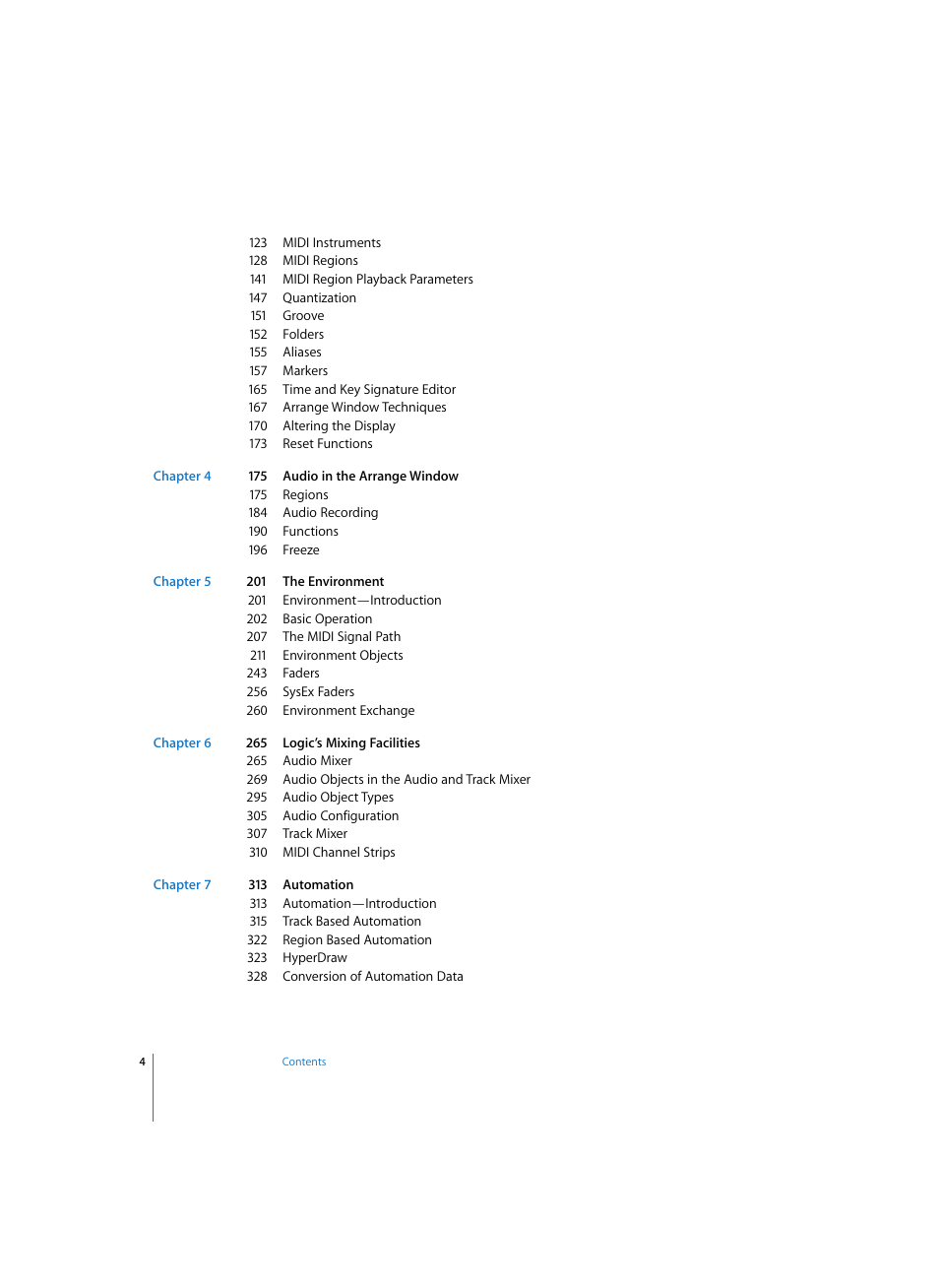 123 midi instruments, 128 midi regions, 141 midi region playback parameters | 147 quantization, 151 groove, 152 folders, 155 aliases, 157 markers, 165 time and key signature editor, 167 arrange window techniques | Apple Logic Pro 7 User Manual | Page 4 / 730