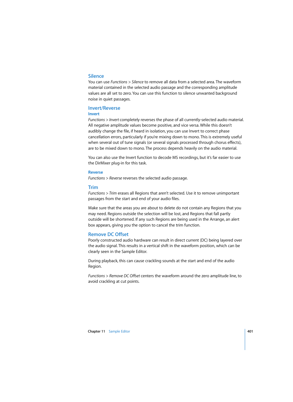 Silence, Invert/reverse, Invert | Reverse, Trim, Remove dc offset | Apple Logic Pro 7 User Manual | Page 401 / 730