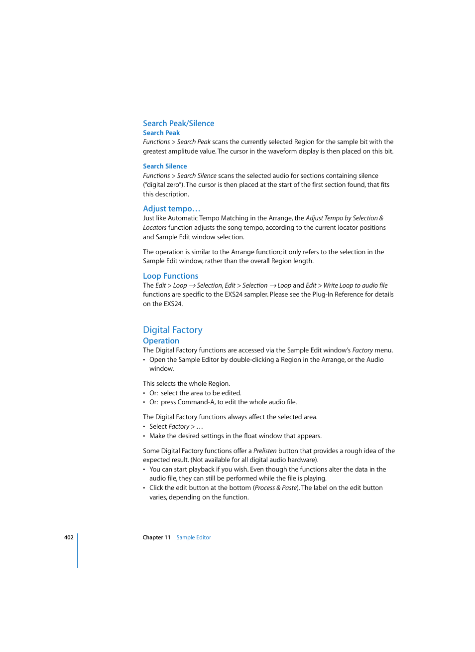 Search peak/silence, Search peak, Search silence | Adjust tempo, Loop functions, Digital factory, Operation | Apple Logic Pro 7 User Manual | Page 402 / 730