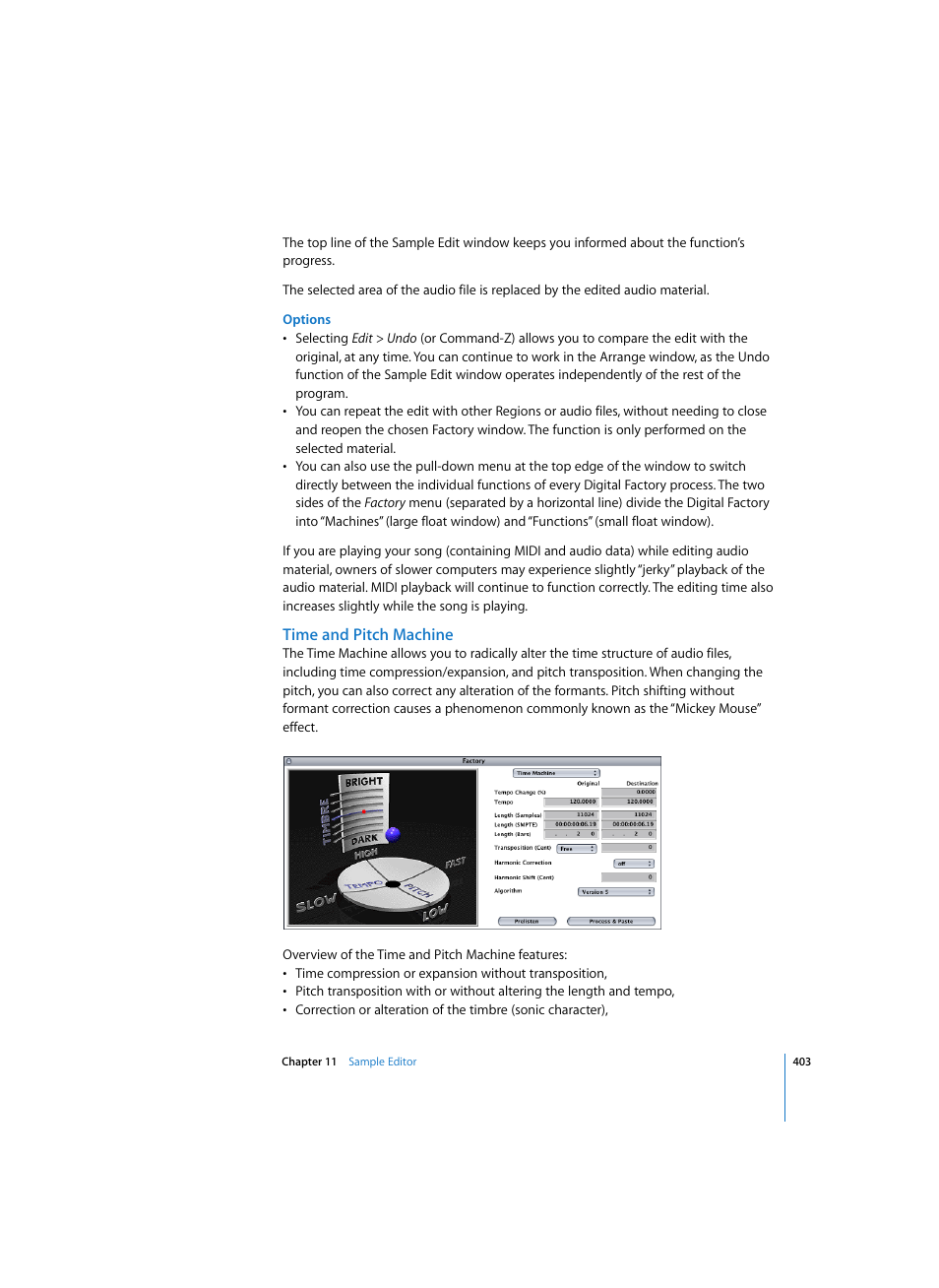 Options, Time and pitch machine | Apple Logic Pro 7 User Manual | Page 403 / 730