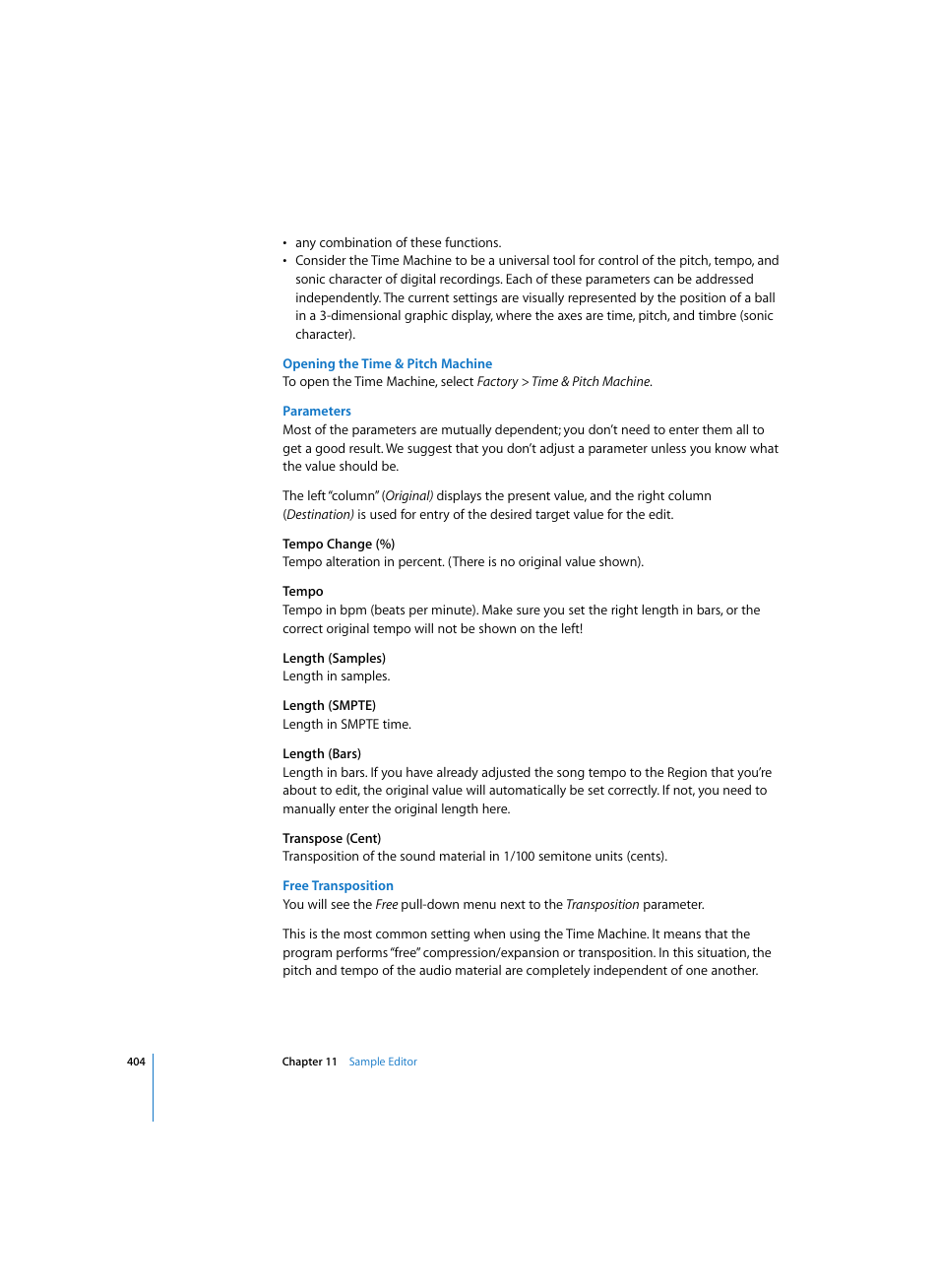 Opening the time & pitch machine, Parameters, Free transposition | Apple Logic Pro 7 User Manual | Page 404 / 730