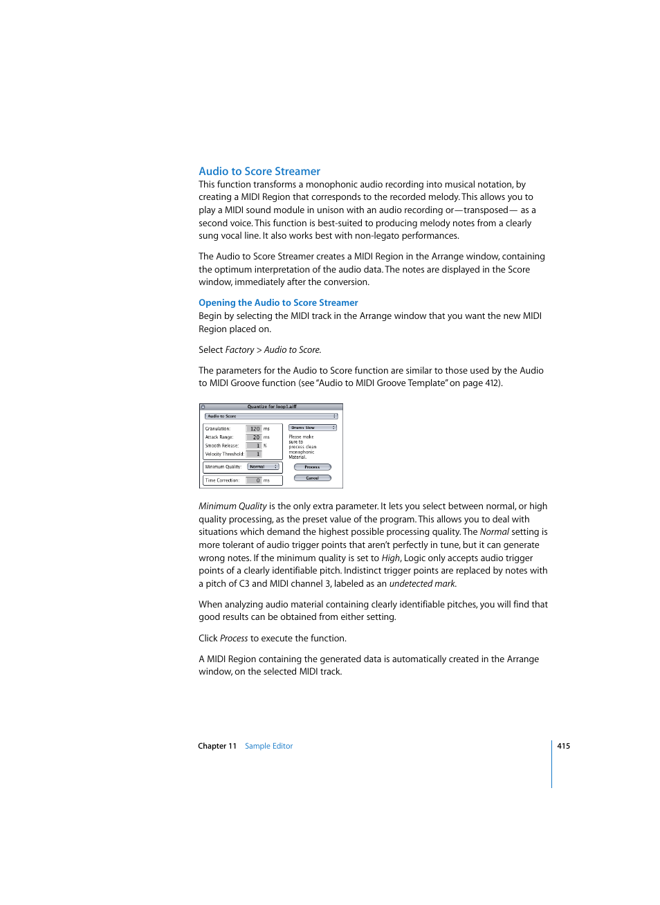 Audio to score streamer, Opening the audio to score streamer | Apple Logic Pro 7 User Manual | Page 415 / 730