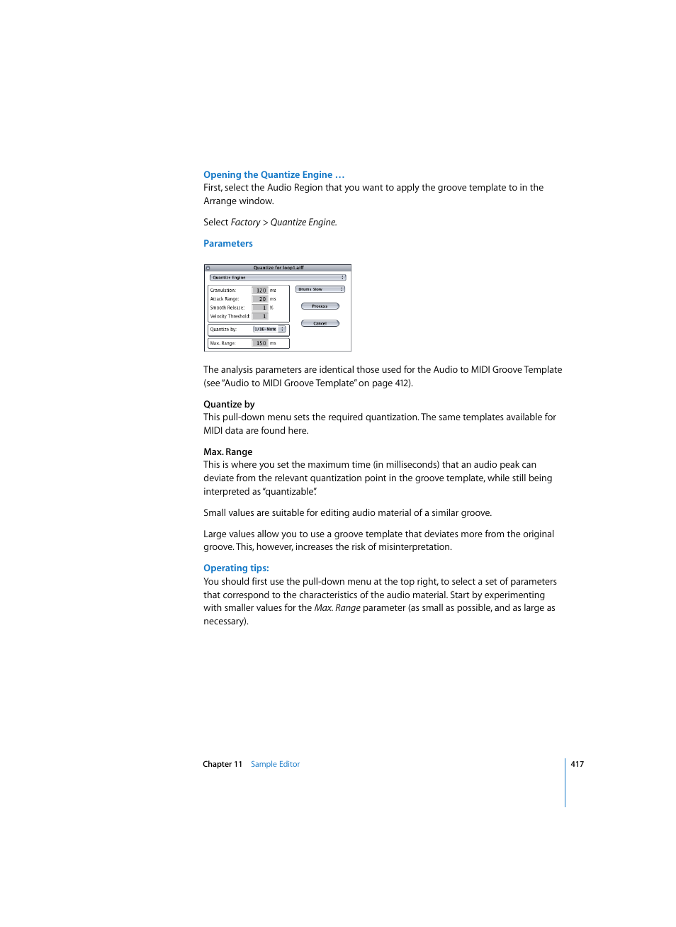 Opening the quantize engine, Parameters, Operating tips | Apple Logic Pro 7 User Manual | Page 417 / 730