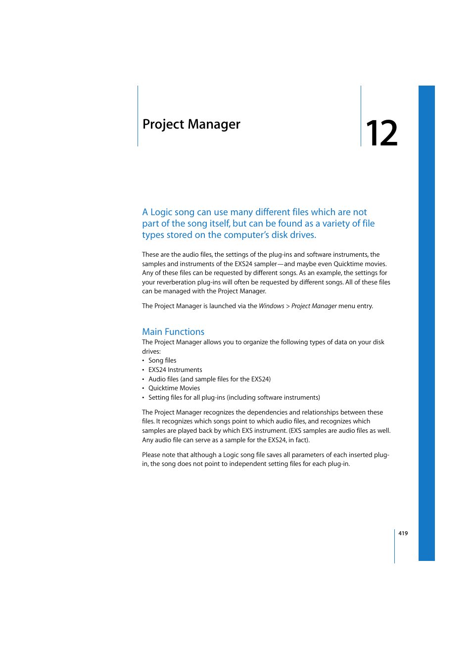 Project manager, Main functions | Apple Logic Pro 7 User Manual | Page 419 / 730