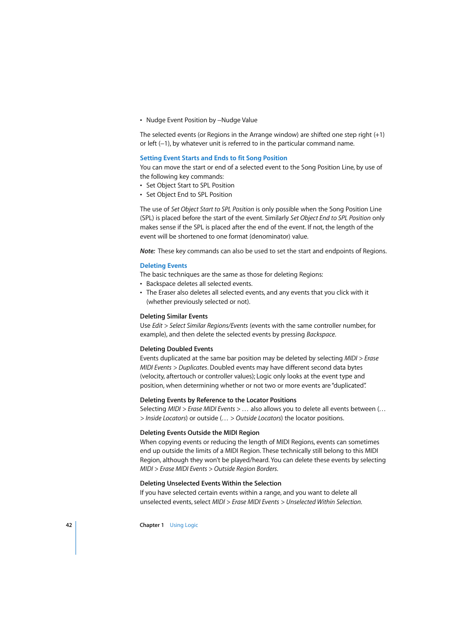 Setting event starts and ends to fit song position, Deleting events | Apple Logic Pro 7 User Manual | Page 42 / 730
