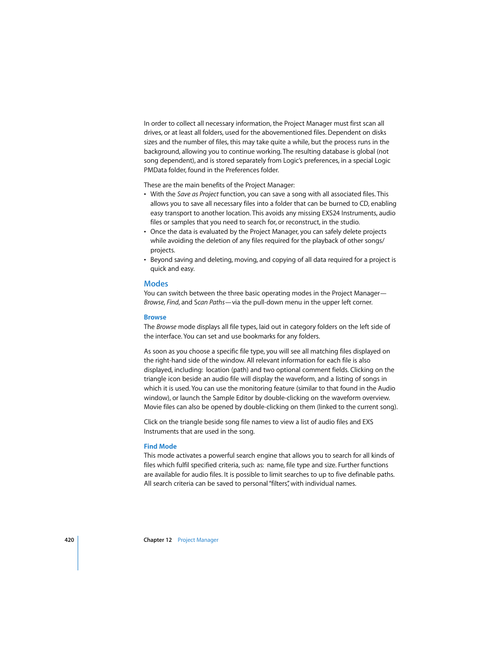 Modes, Browse, Find mode | Apple Logic Pro 7 User Manual | Page 420 / 730