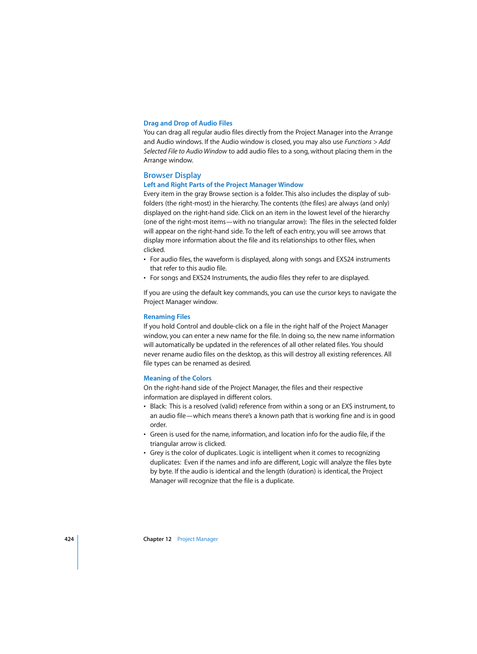 Drag and drop of audio files, Browser display, Left and right parts of the project manager window | Renaming files, Meaning of the colors | Apple Logic Pro 7 User Manual | Page 424 / 730