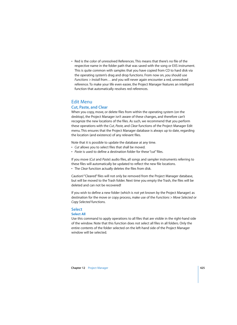 Edit menu, Cut, paste, and clear, Select | Select all | Apple Logic Pro 7 User Manual | Page 425 / 730