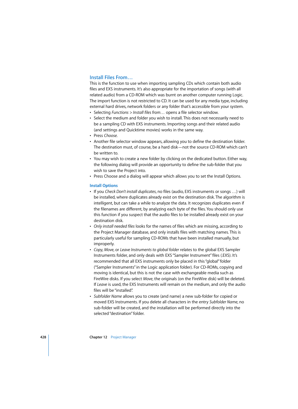 Install files from, Install options | Apple Logic Pro 7 User Manual | Page 428 / 730