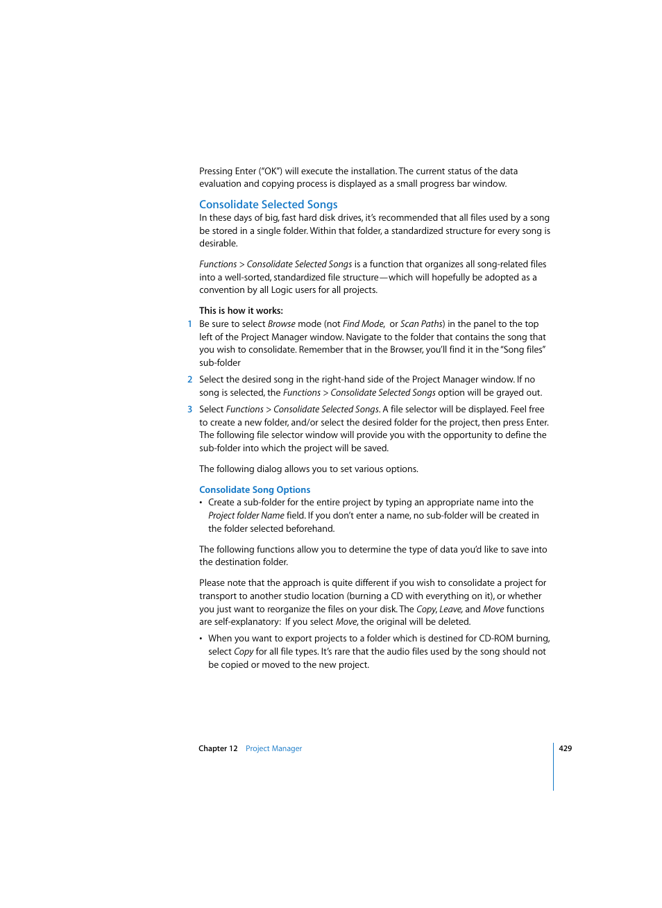 Consolidate selected songs, Consolidate song options | Apple Logic Pro 7 User Manual | Page 429 / 730