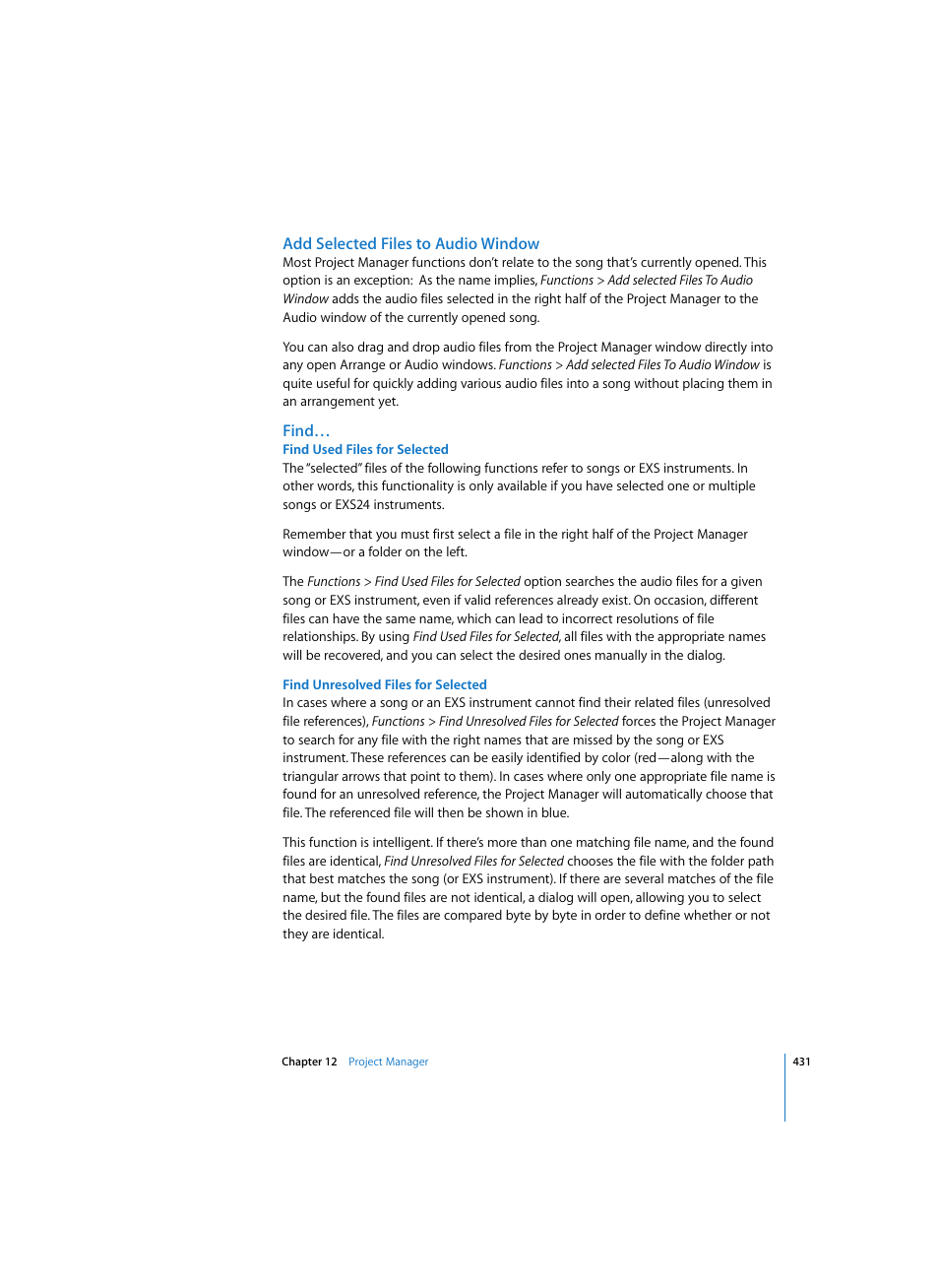 Add selected files to audio window, Find, Find used files for selected | Find unresolved files for selected | Apple Logic Pro 7 User Manual | Page 431 / 730