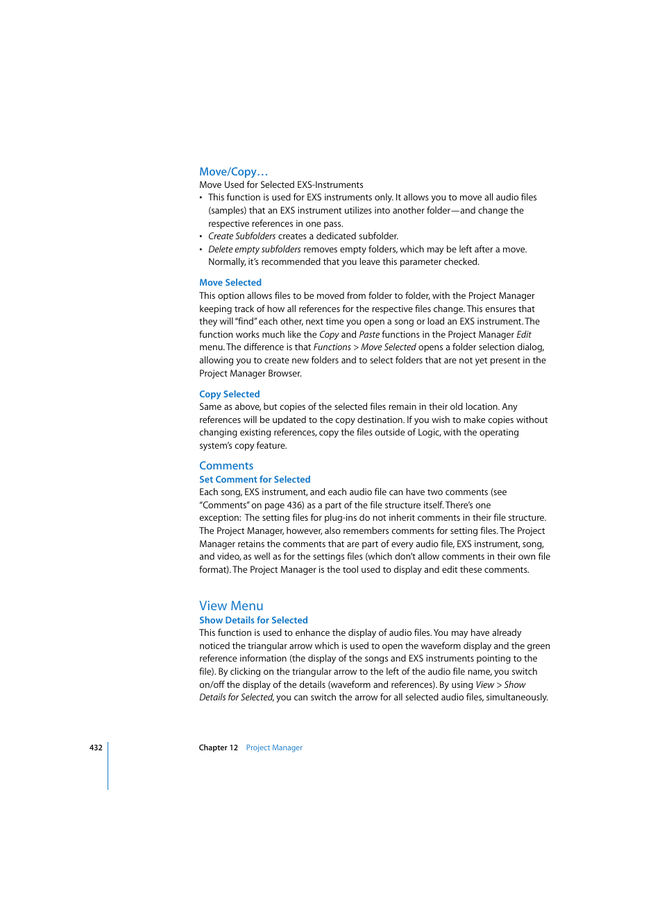 Move/copy, Move selected, Copy selected | Comments, Set comment for selected, View menu, Show details for selected | Apple Logic Pro 7 User Manual | Page 432 / 730