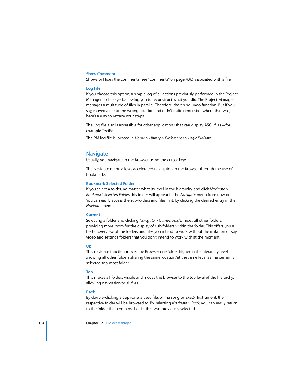 Show comment, Log file, Navigate | Bookmark selected folder, Current, Back | Apple Logic Pro 7 User Manual | Page 434 / 730