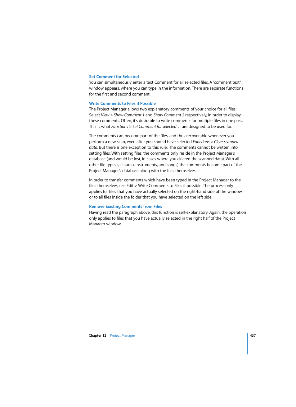 Set comment for selected, Write comments to files if possible, Remove existing comments from files | Apple Logic Pro 7 User Manual | Page 437 / 730