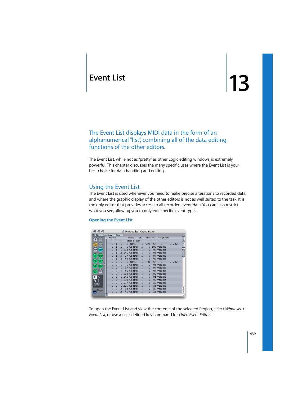 Event list, Using the event list, Opening the event list | Apple Logic Pro 7 User Manual | Page 439 / 730