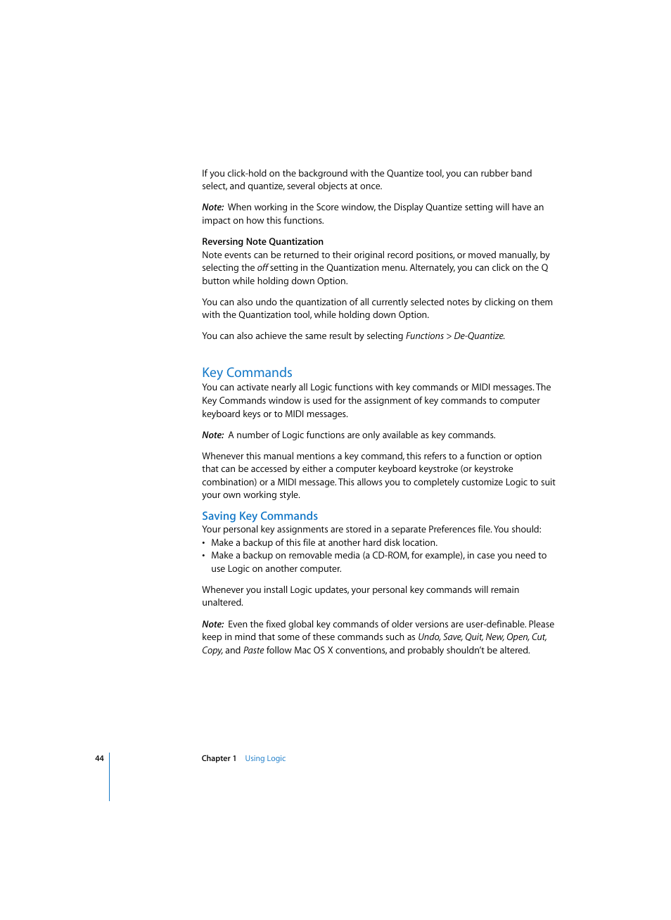 Key commands, Saving key commands | Apple Logic Pro 7 User Manual | Page 44 / 730