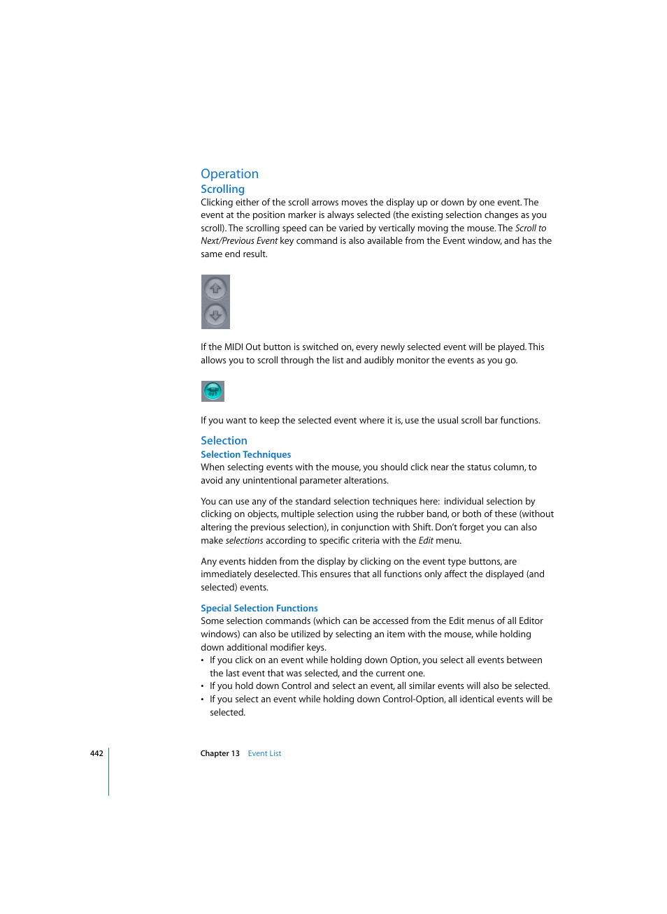 Operation, Scrolling, Selection | Selection techniques, Special selection functions | Apple Logic Pro 7 User Manual | Page 442 / 730
