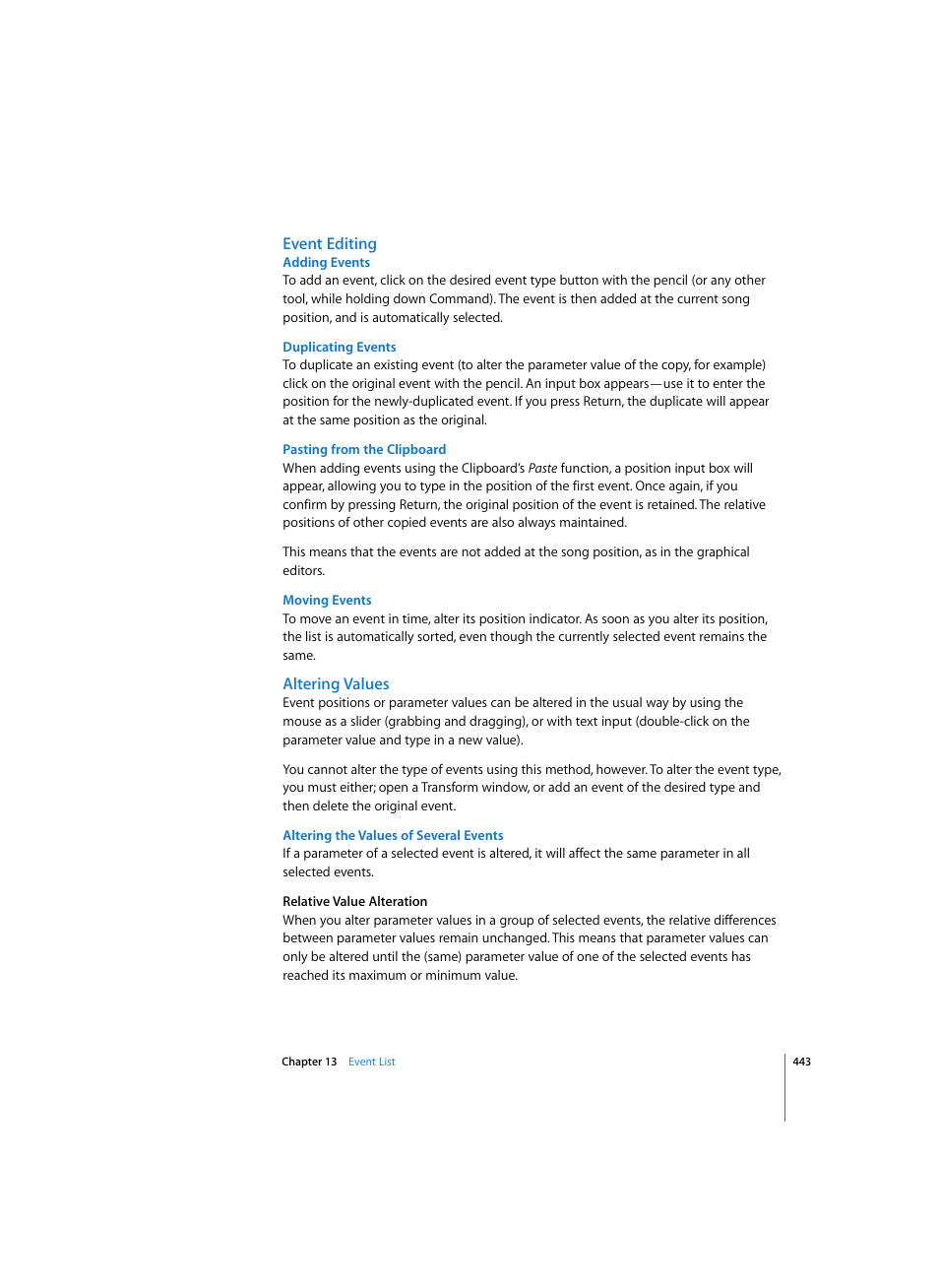 Event editing, Adding events, Duplicating events | Pasting from the clipboard, Moving events, Altering values, Altering the values of several events | Apple Logic Pro 7 User Manual | Page 443 / 730