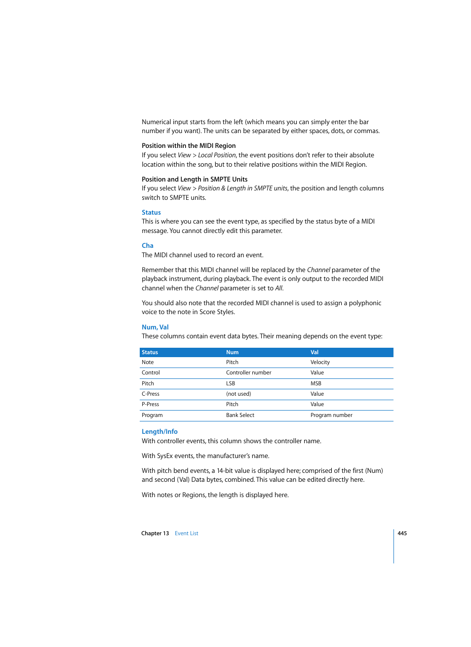 Status, Num, val, Length/info | Apple Logic Pro 7 User Manual | Page 445 / 730