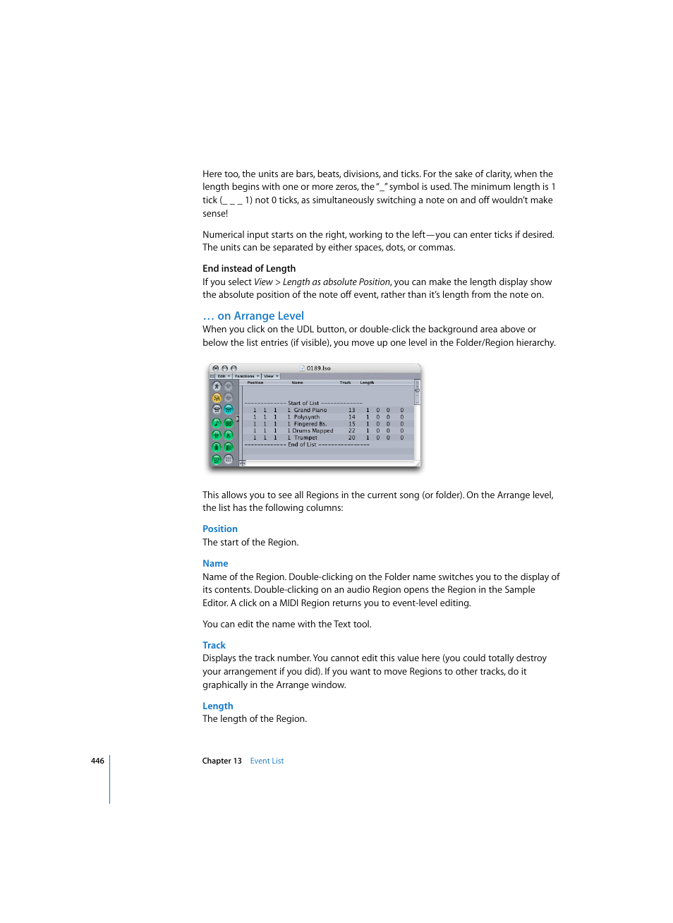 On arrange level, Position, Name | Track, Length | Apple Logic Pro 7 User Manual | Page 446 / 730