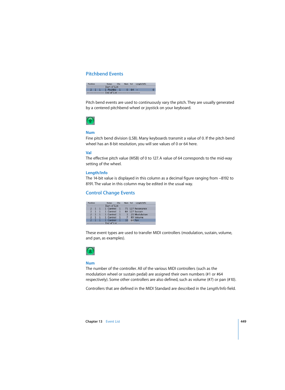 Pitchbend events, Length/info, Control change events | Apple Logic Pro 7 User Manual | Page 449 / 730