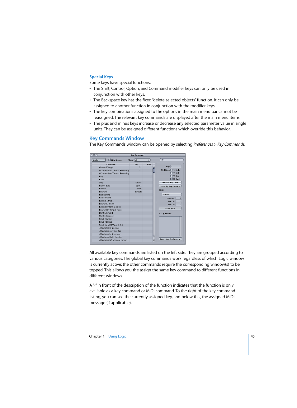 Special keys, Key commands window | Apple Logic Pro 7 User Manual | Page 45 / 730