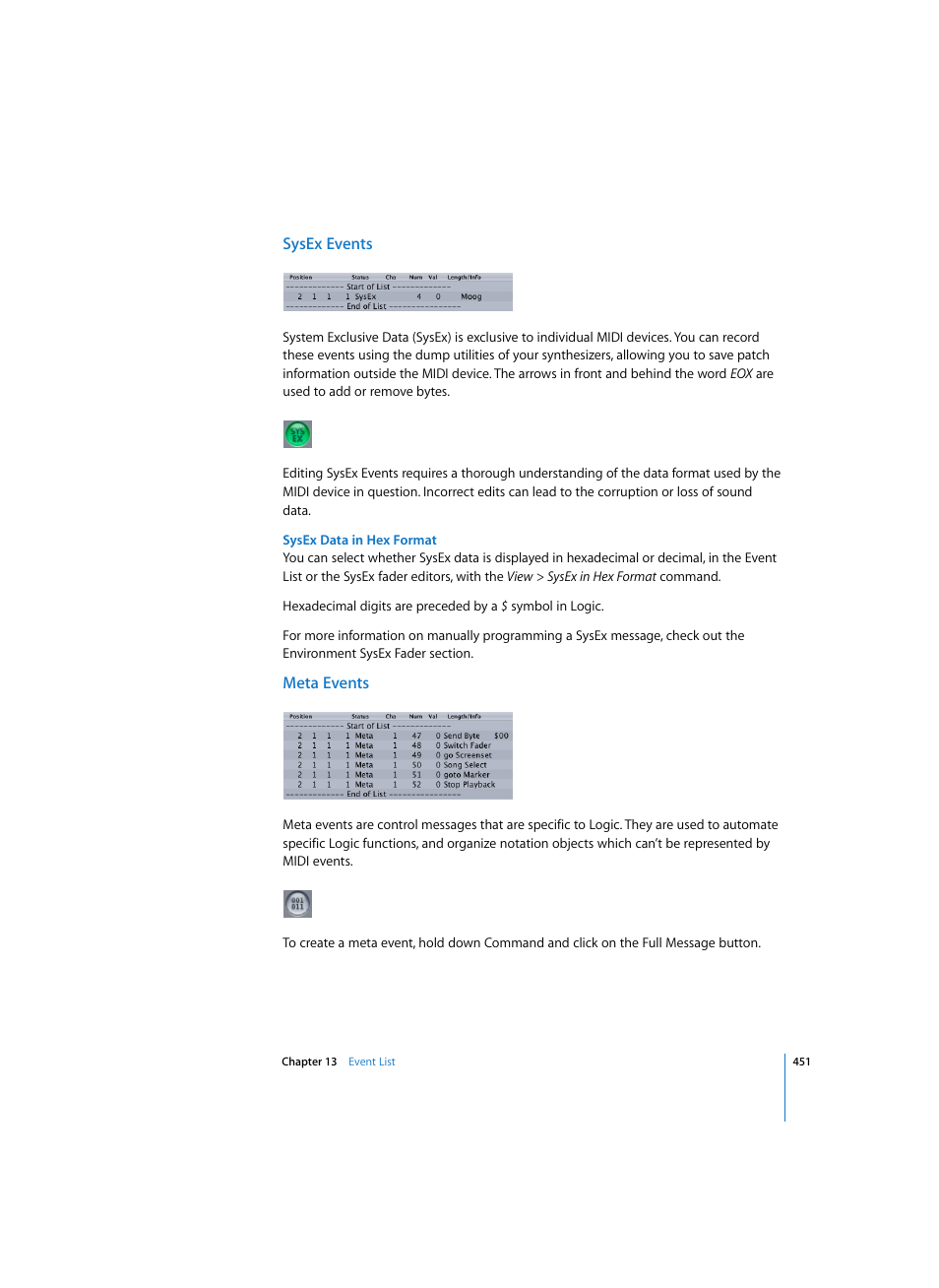 Sysex events, Sysex data in hex format, Meta events | Apple Logic Pro 7 User Manual | Page 451 / 730