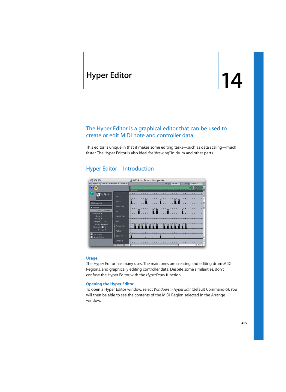 Hyper editor, Hyper editor—introduction, Usage | Opening the hyper editor | Apple Logic Pro 7 User Manual | Page 455 / 730
