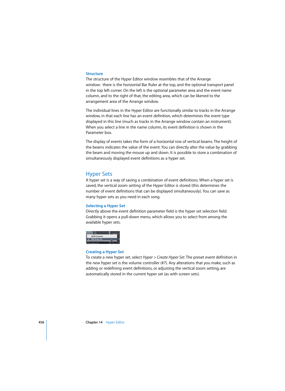 Structure, Hyper sets, Selecting a hyper set | Creating a hyper set | Apple Logic Pro 7 User Manual | Page 456 / 730