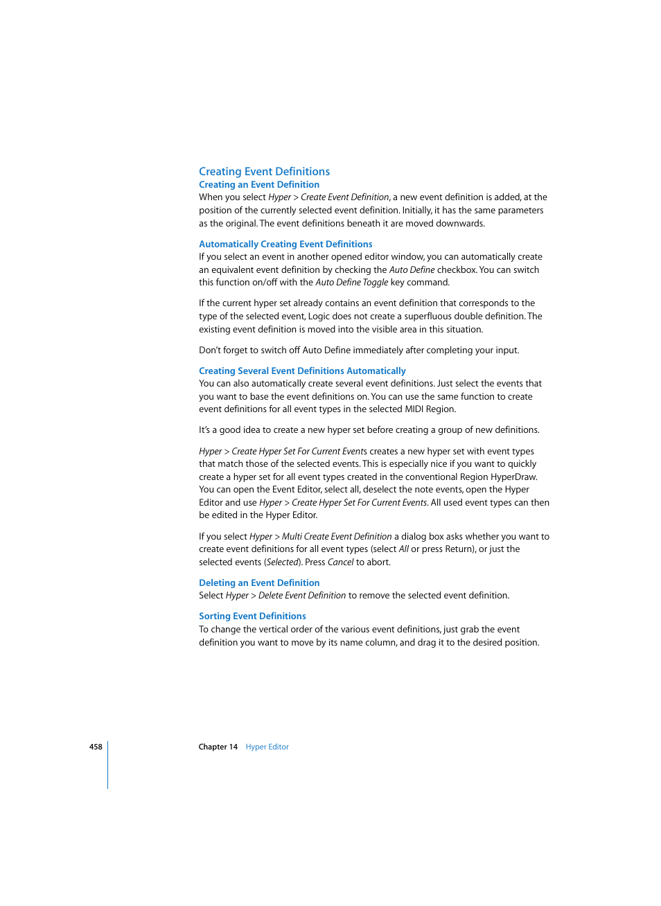 Creating event definitions, Creating an event definition, Automatically creating event definitions | Creating several event definitions automatically, Deleting an event definition, Sorting event definitions | Apple Logic Pro 7 User Manual | Page 458 / 730