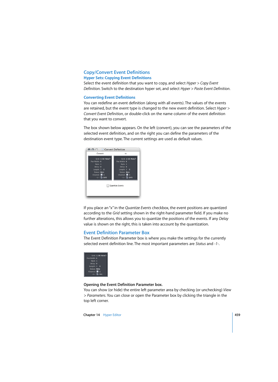 Copy/convert event definitions, Hyper sets: copying event definitions, Converting event definitions | Event definition parameter box | Apple Logic Pro 7 User Manual | Page 459 / 730