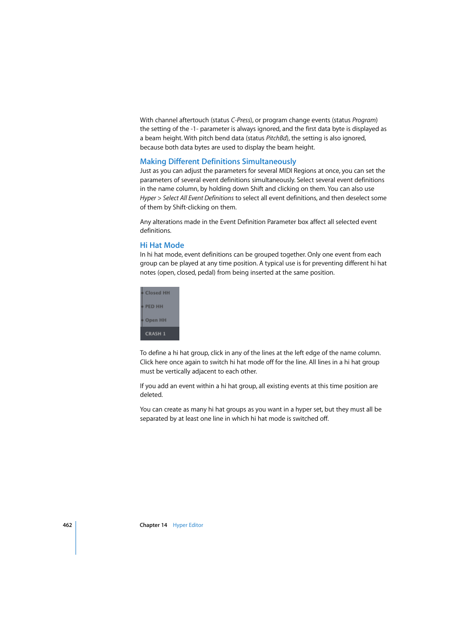 Making different definitions simultaneously, Hi hat mode | Apple Logic Pro 7 User Manual | Page 462 / 730