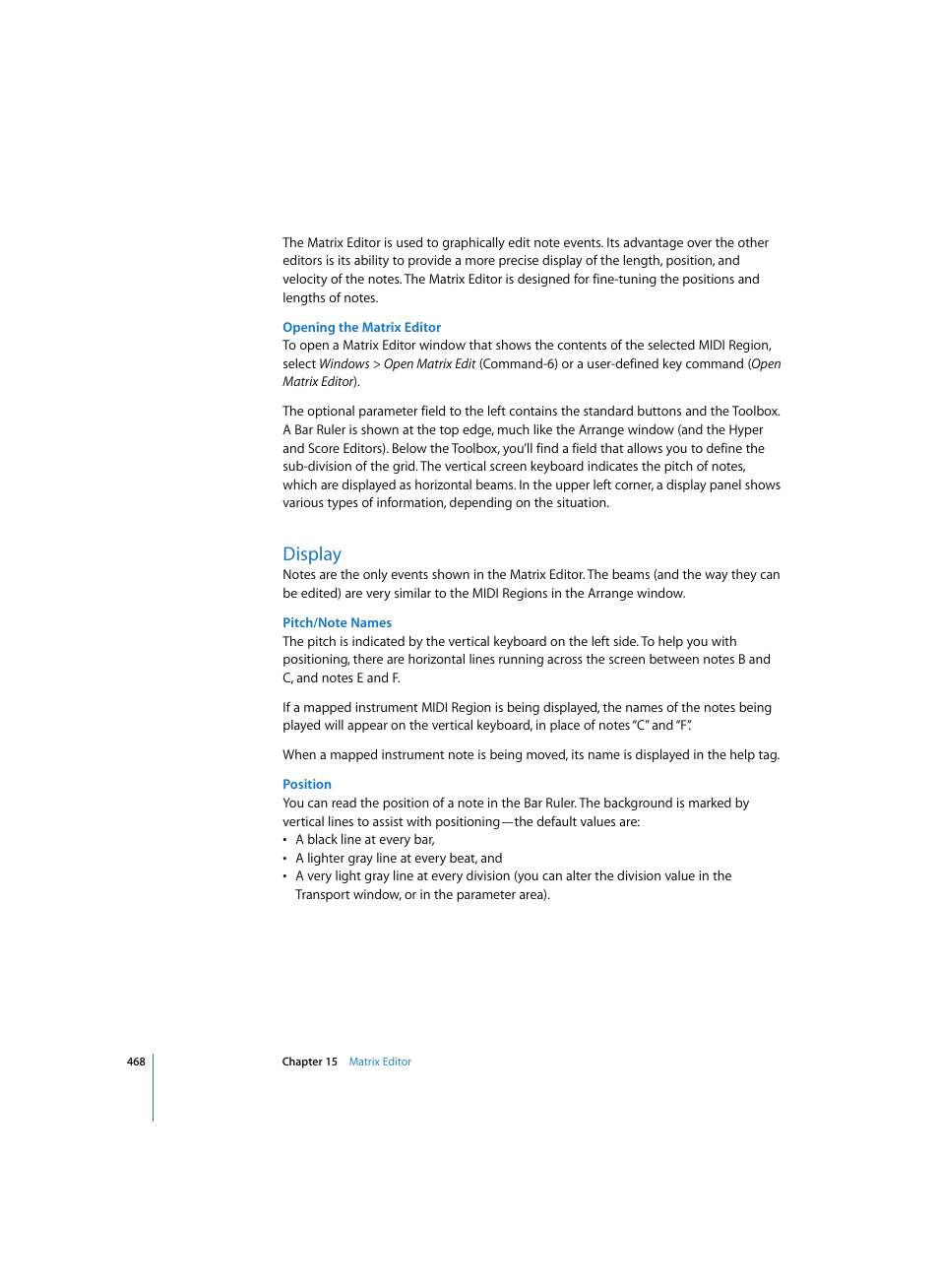 Opening the matrix editor, Display, Pitch/note names | Position | Apple Logic Pro 7 User Manual | Page 468 / 730