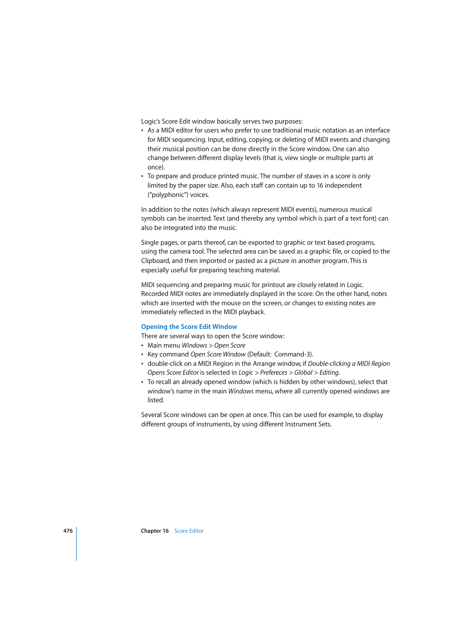 Opening the score edit window | Apple Logic Pro 7 User Manual | Page 476 / 730