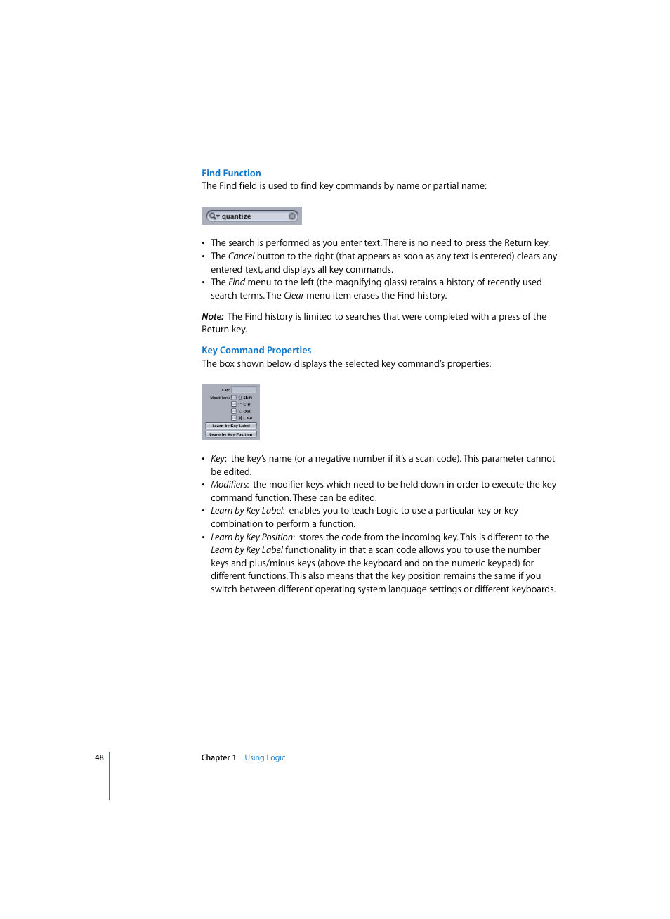 Find function, Key command properties | Apple Logic Pro 7 User Manual | Page 48 / 730