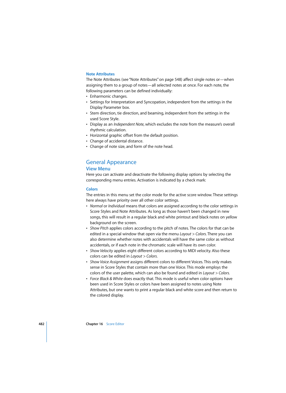 Note attributes, General appearance, View menu | Colors | Apple Logic Pro 7 User Manual | Page 482 / 730