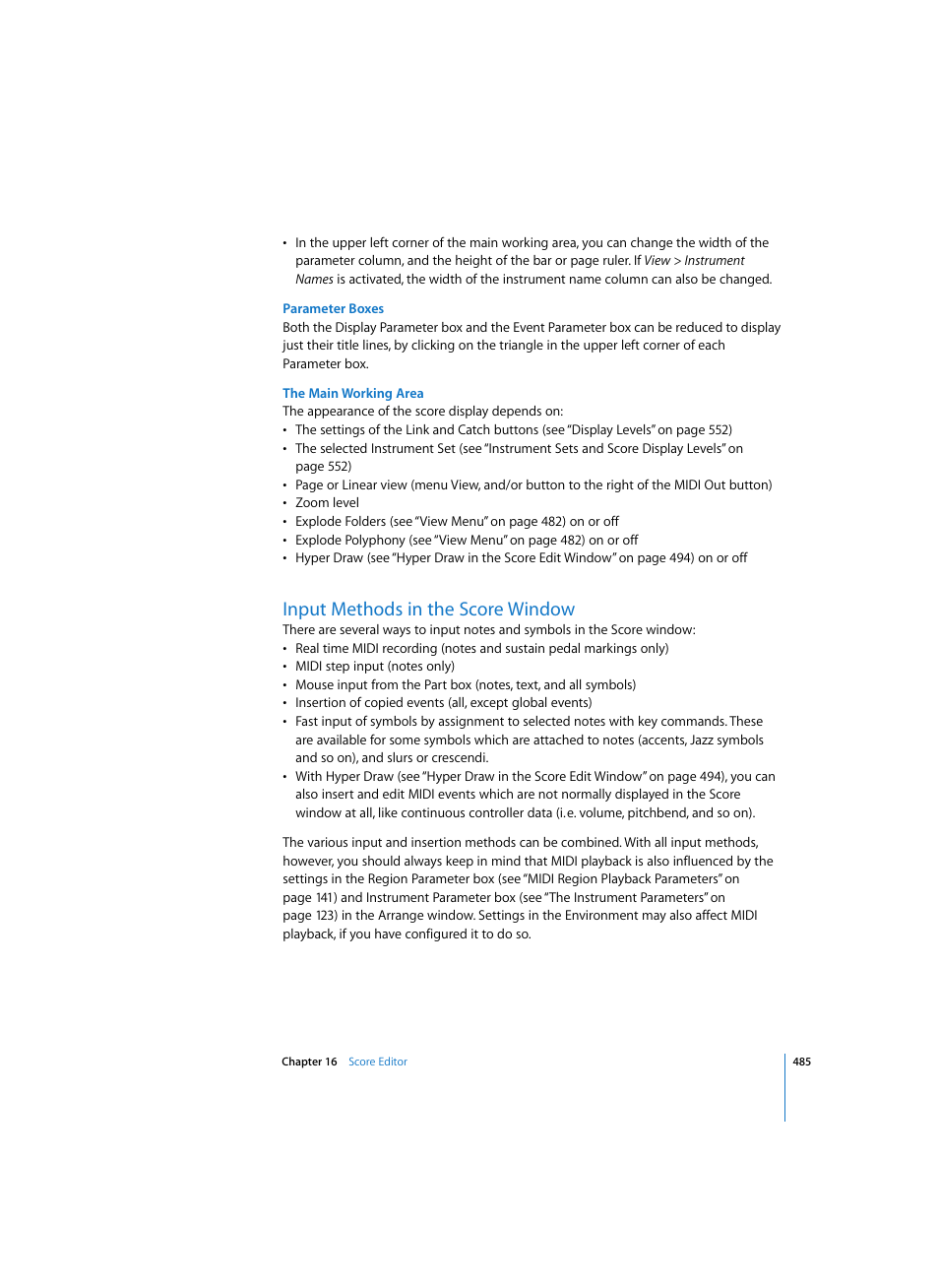 Parameter boxes, The main working area, Input methods in the score window | Apple Logic Pro 7 User Manual | Page 485 / 730