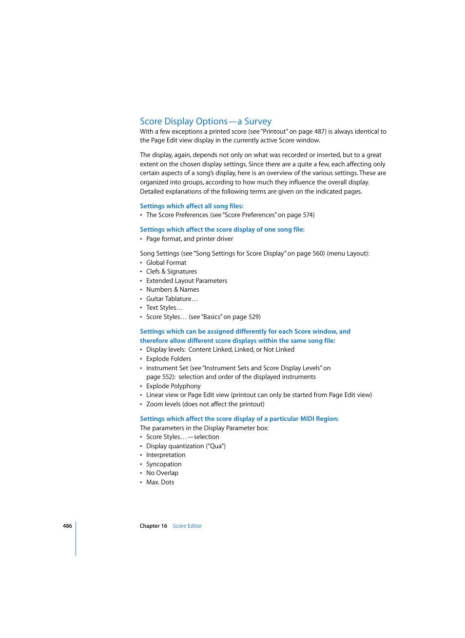 Score display options—a survey, Settings which affect all song files | Apple Logic Pro 7 User Manual | Page 486 / 730