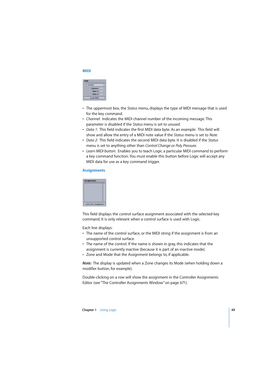 Midi, Assignments | Apple Logic Pro 7 User Manual | Page 49 / 730