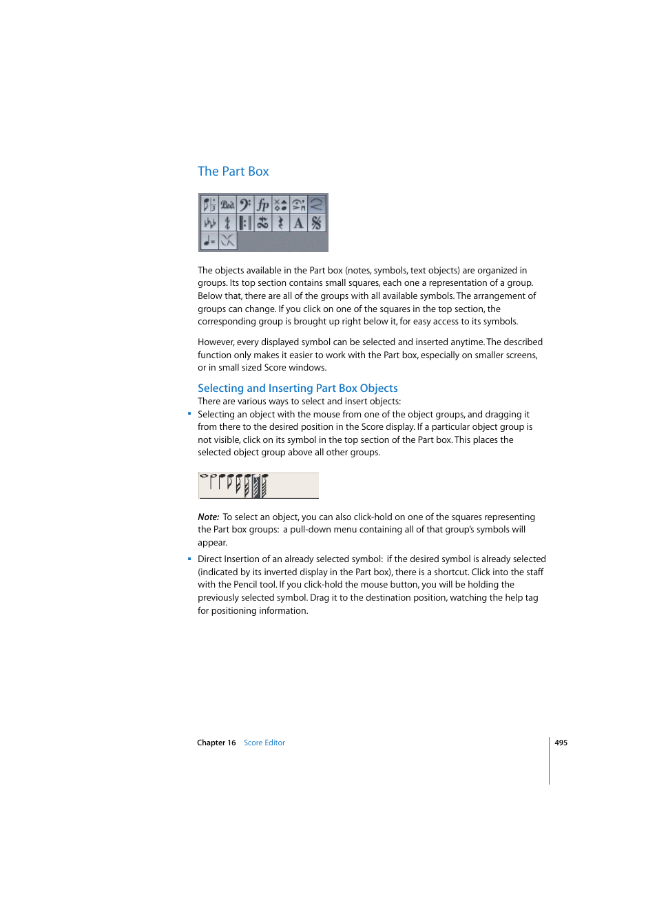 The part box, Selecting and inserting part box objects | Apple Logic Pro 7 User Manual | Page 495 / 730