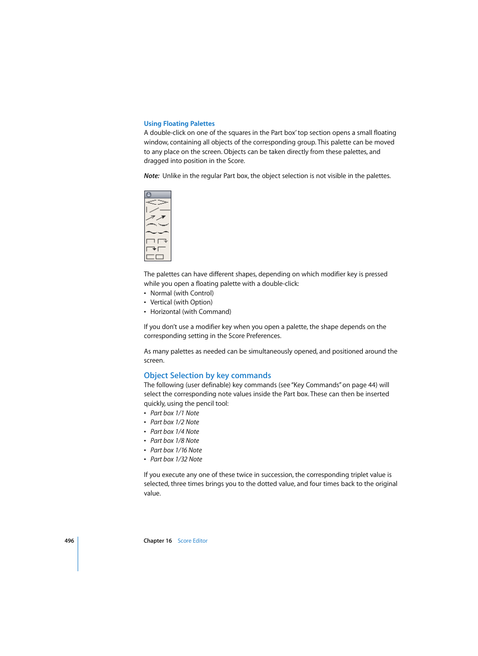 Using floating palettes, Object selection by key commands | Apple Logic Pro 7 User Manual | Page 496 / 730