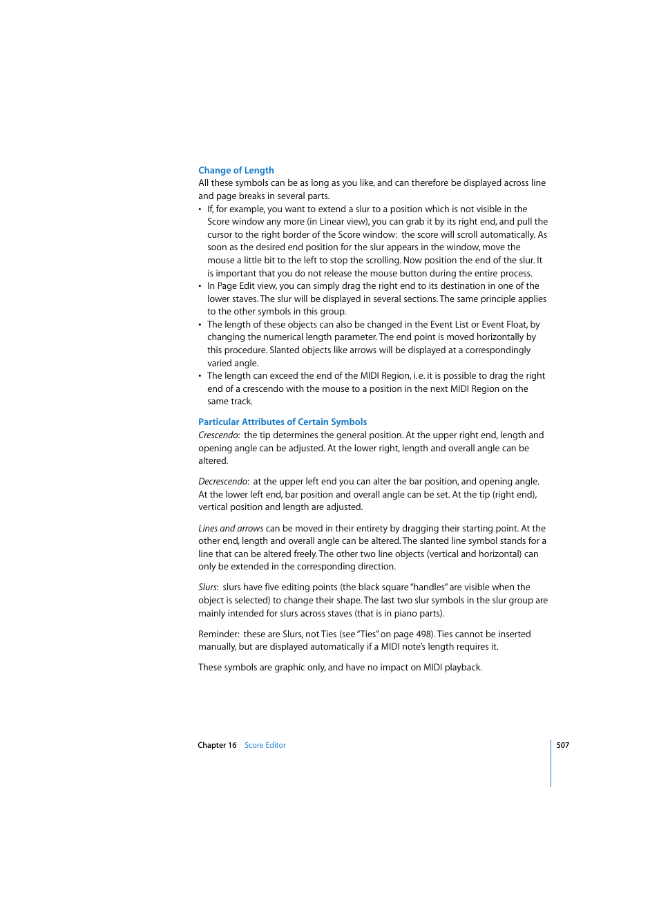 Change of length, Particular attributes of certain symbols | Apple Logic Pro 7 User Manual | Page 507 / 730