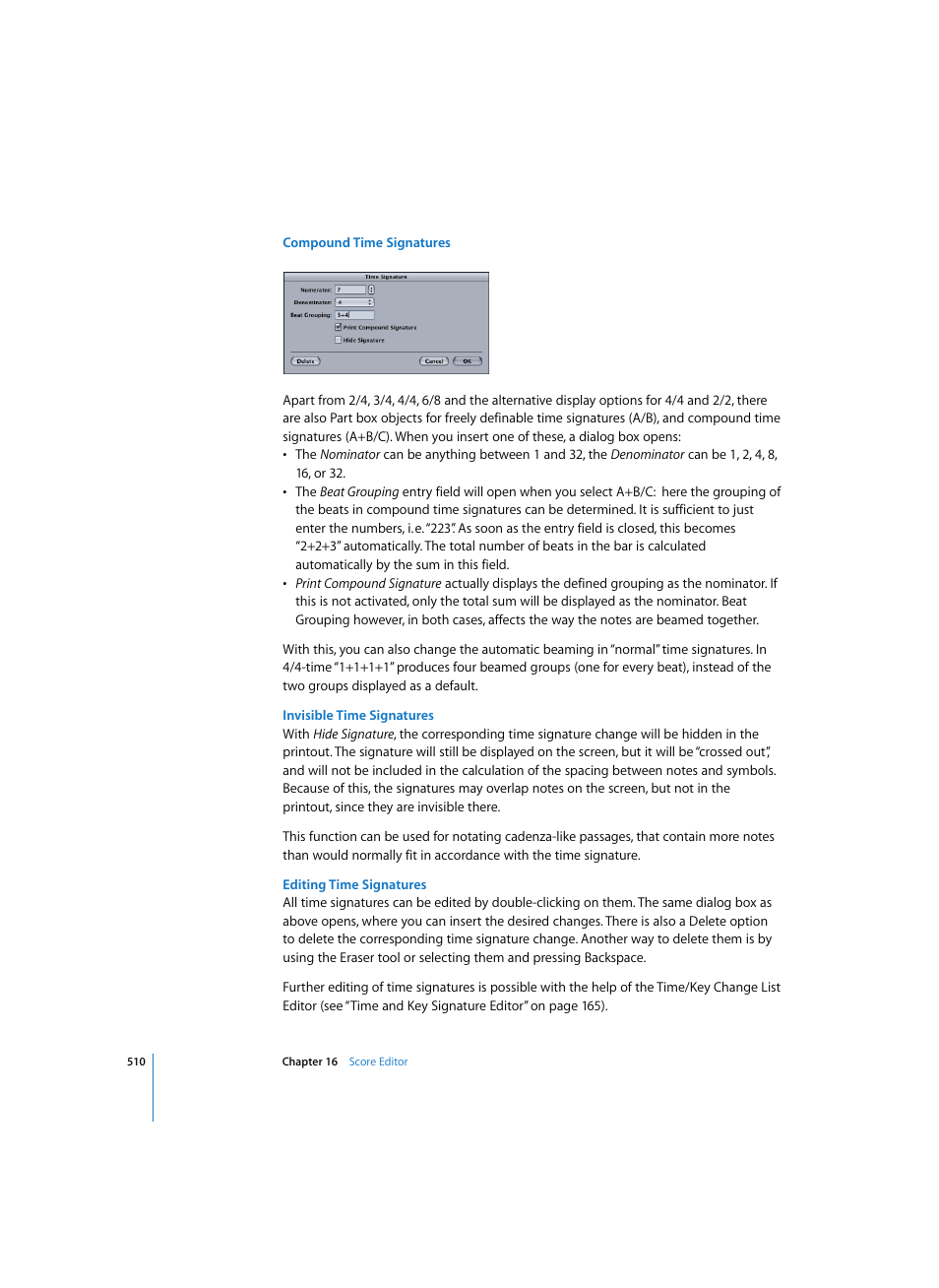 Compound time signatures, Invisible time signatures, Editing time signatures | Apple Logic Pro 7 User Manual | Page 510 / 730