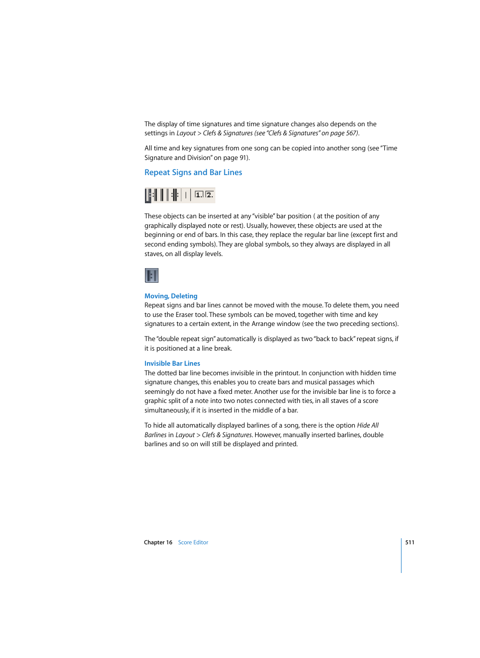 Repeat signs and bar lines, Moving, deleting, Invisible bar lines | Apple Logic Pro 7 User Manual | Page 511 / 730