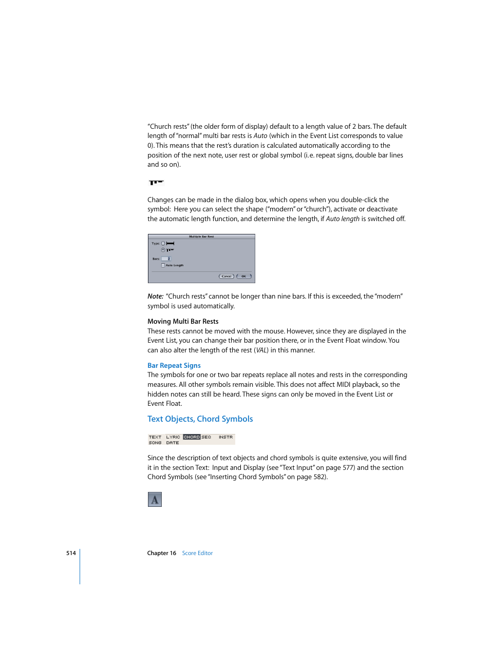 Bar repeat signs, Text objects, chord symbols | Apple Logic Pro 7 User Manual | Page 514 / 730