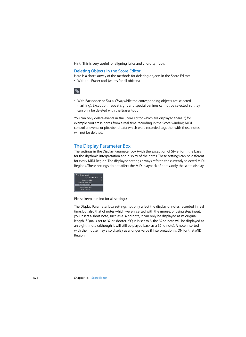 Deleting objects in the score editor, The display parameter box | Apple Logic Pro 7 User Manual | Page 522 / 730