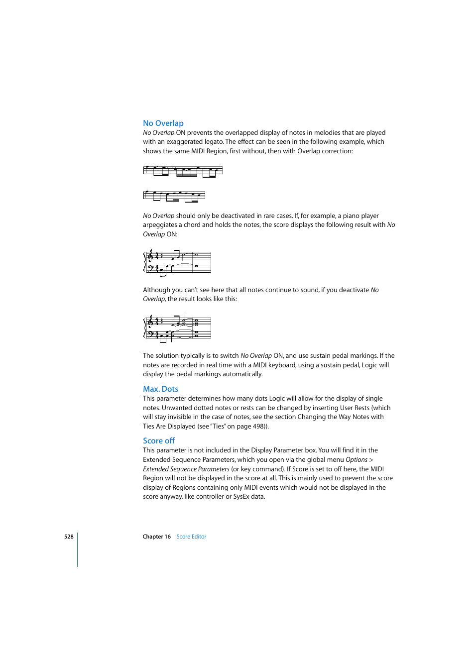 No overlap, Max. dots, Score off | Apple Logic Pro 7 User Manual | Page 528 / 730