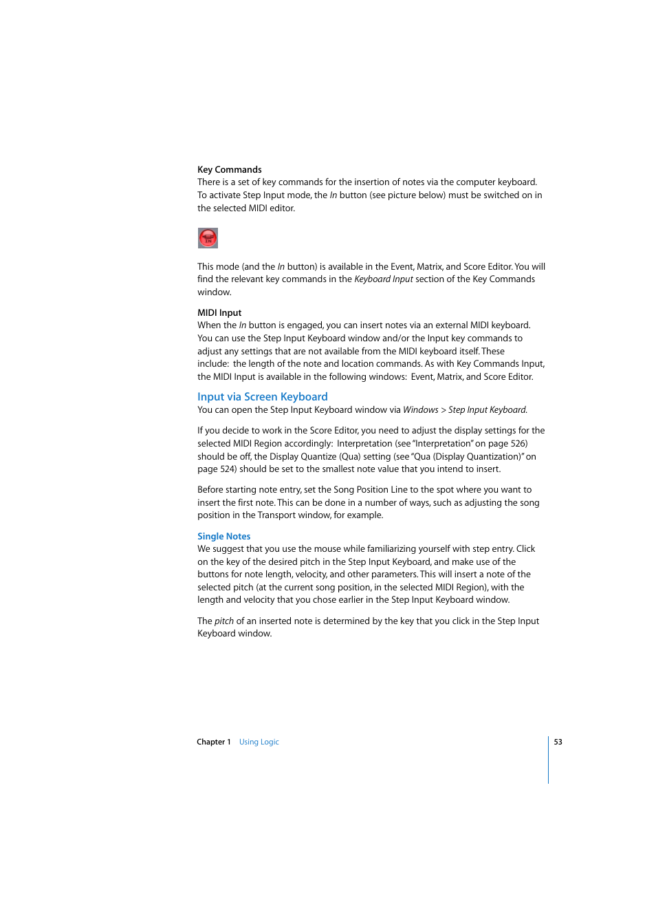 Input via screen keyboard, Single notes | Apple Logic Pro 7 User Manual | Page 53 / 730