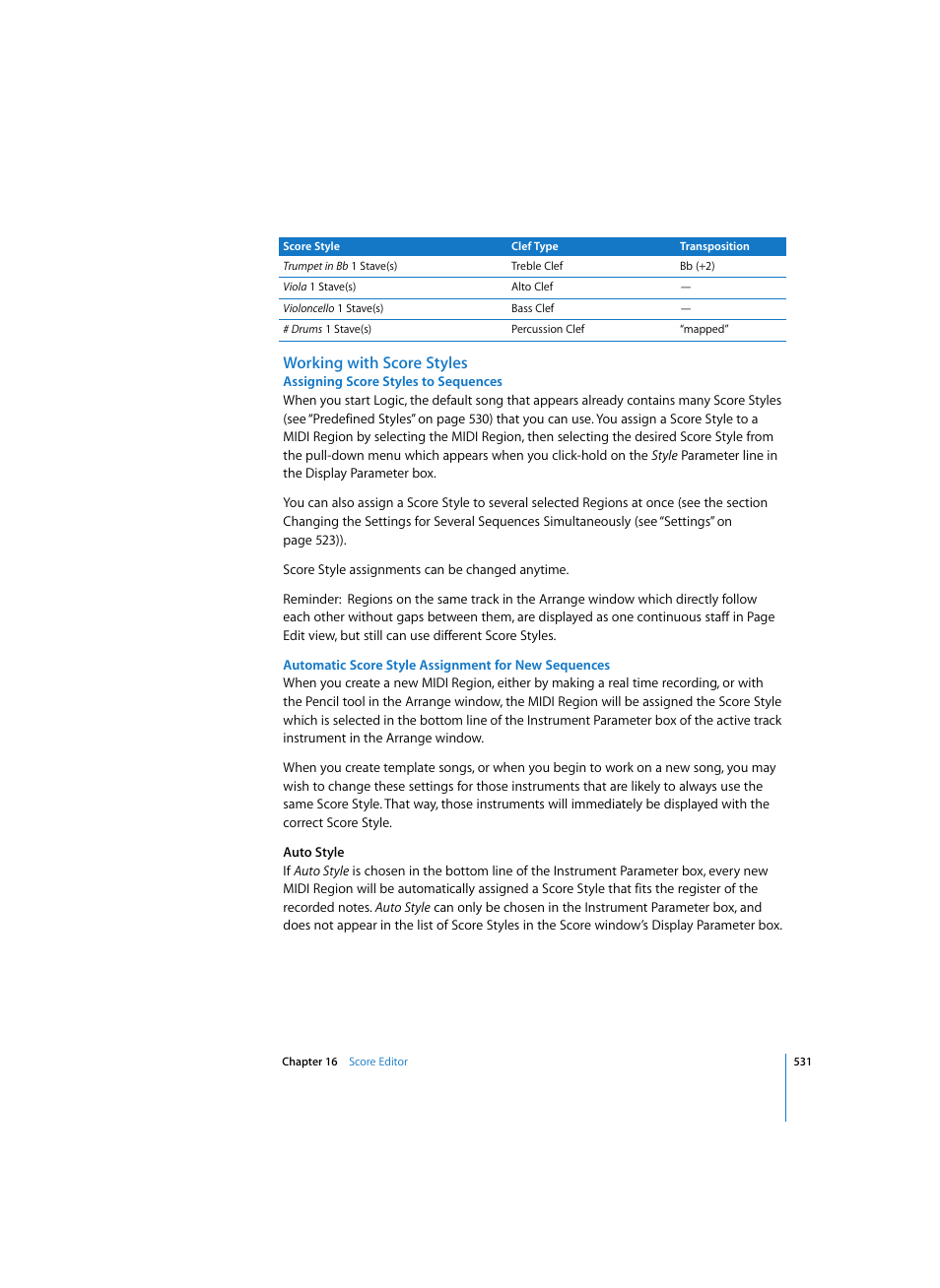 Working with score styles, Assigning score styles to sequences, Automatic score style assignment for new sequences | Apple Logic Pro 7 User Manual | Page 531 / 730