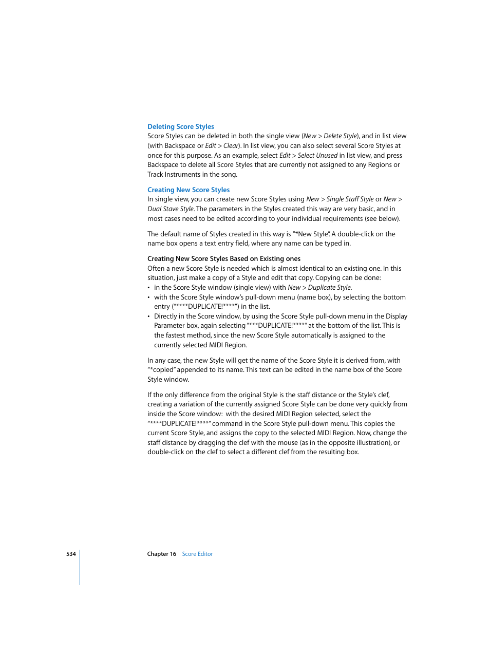 Deleting score styles, Creating new score styles | Apple Logic Pro 7 User Manual | Page 534 / 730